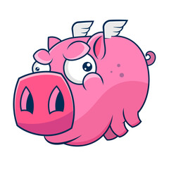 Fantasy doodle design template with pig with wings.