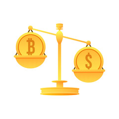 Weigher gold business Bitcoin and dollar on scales golden. Balance of money and cryptocurrency. Flat design of vector illustration. EPS