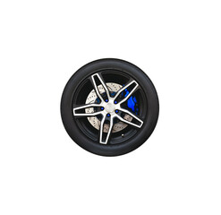 Closeup of the wheel with a disc brake and caliper of a sports car on a transparent background,...