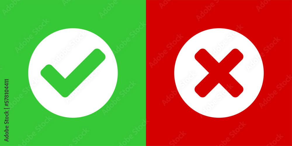 Poster yes and no or right and wrong or approved and declined icons with check mark and x signs in green an