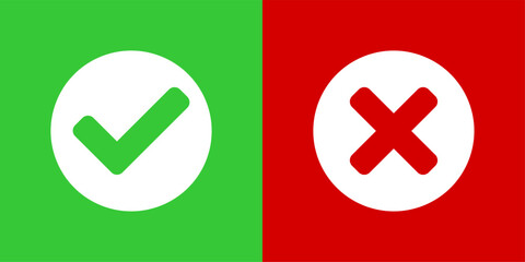 Fototapeta premium Yes and No or Right and Wrong or Approved and Declined Icons with Check Mark and X Signs in Green and Red Squares with Rounded Corners. Vector Image.