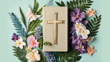 Flat Lay Style Greeting Composition with Christian Cross and Bible Background, Flowers, and Leaves