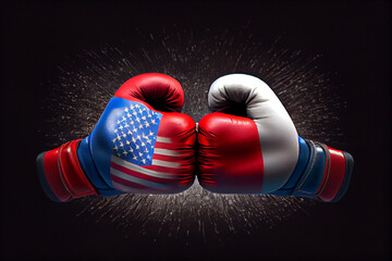 USA and Russia trade war concept. Boxing gloves with national flags. Generative Ai