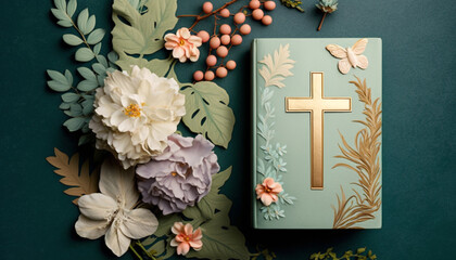 Flat Lay Greeting Composition: Christian Cross and Bible Background Adorned with Flowers in Decorative Display
