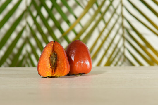 Chontaduro (Bactris gasipaes)Slices of the tropical exotic fruit of the palm Bactris gasipaes.Chontaduro with salt