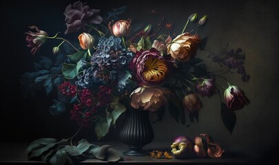  a painting of flowers in a vase on a table next to a pile of fruit.  generative ai