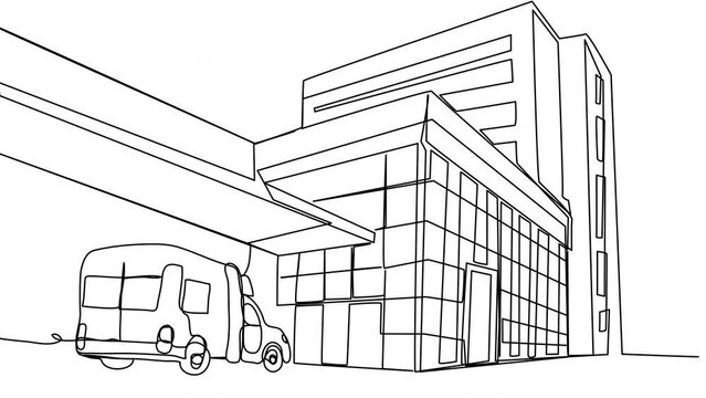 Self-drawing Medical clinic in one line ambulance on white background. The concept of the hospital in a minimalist style. Stock health care video 4k with alpha channel.