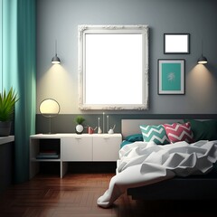 Hotel bedroom with wall frame mockup