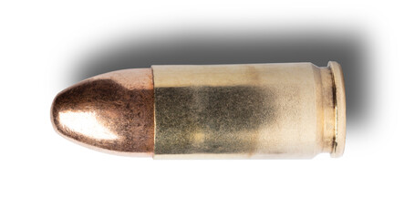 Cartridge for a 9 mm semi-automatic pistol on white with a shadow behind - obrazy, fototapety, plakaty