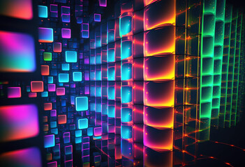 Obraz premium Ai-Generated Psychedelic Render of Vibrant, Colorful, Rainbow Lights Illuminating a Modern Geometric Artwork