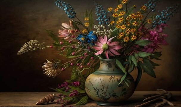 a painting of a vase with flowers in it on a table.  generative ai