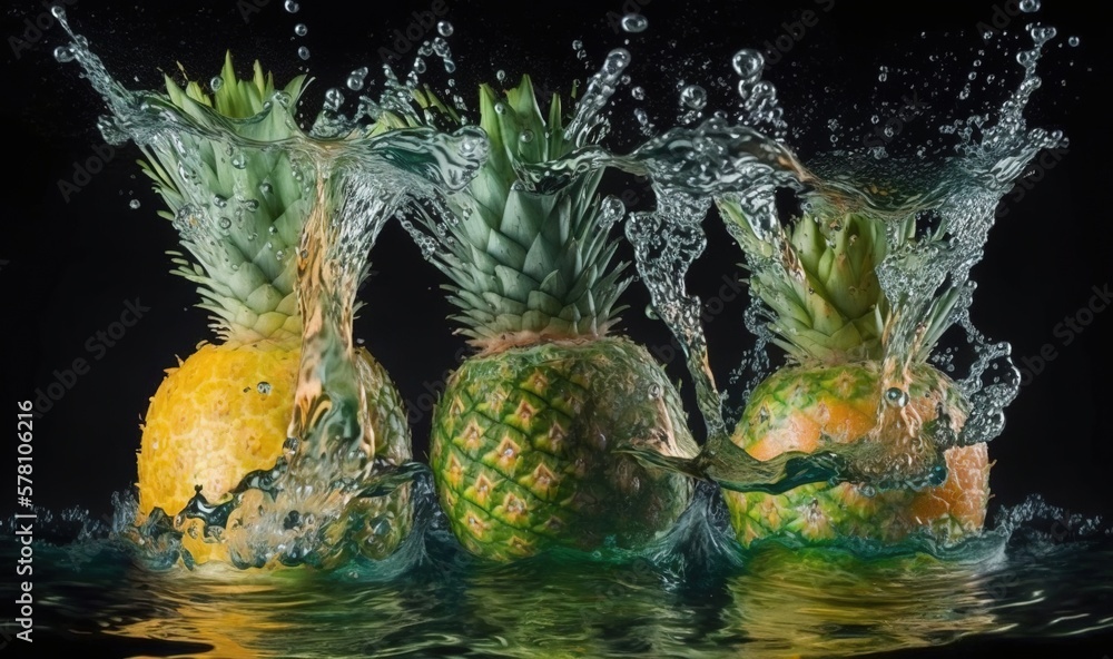 Poster a group of pineapples splashing into the water. generative ai