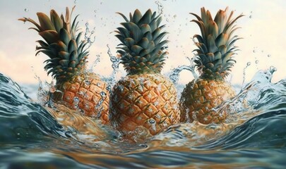  three pineapples floating in the water with splashes.  generative ai