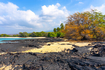 Hawaii's Lava Coastline with Frozen Lava and Clouds. Kailua-Kona