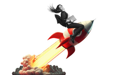 Art collage.  Launch of a red rocket with a smiling business woman. on isolated PNG Background. Successful start up concept. Leadership, leading to success or business vision concept - obrazy, fototapety, plakaty