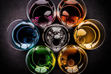 A group of glasses with different colored liquid in them