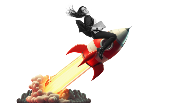 Art collage.  Launch of a red rocket with a smiling business woman. on isolated PNG Background. Successful start up concept. Leadership, leading to success or business vision concept