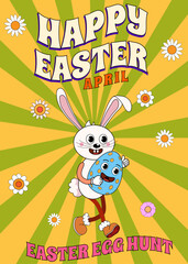 Happy Easter vintage poster Trendy Easter Groovy 1970 style with flowers, egg,