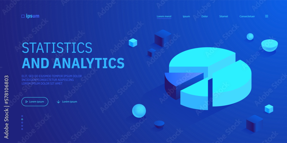 Poster blue pie chart icon in isometric view. statistics and analytics. progress report, growth data graphi