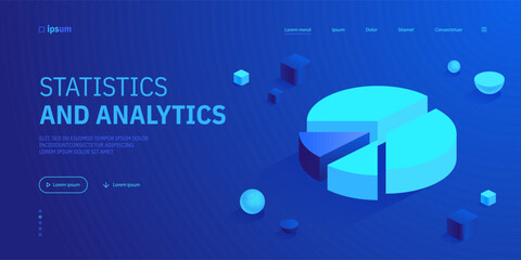 Blue pie chart icon in isometric view. Statistics and analytics. Progress report, growth data graphics, financial analysis diagram. Vector illustration for visualization of business presentation