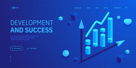 Bar graph and line chart with two axes. Analysis progress, development and success icon.  Statistics data graphic. Isometric vector illustration for visualization of business presentation