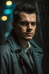Fototapeta premium portrait of male detective on street at night in rain in cinematic noir style. Generative AI