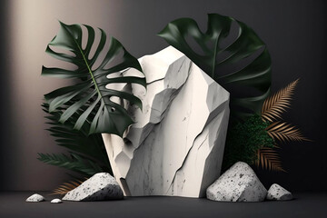 White Podium Rock and Tropical Leaf Background. Generative AI