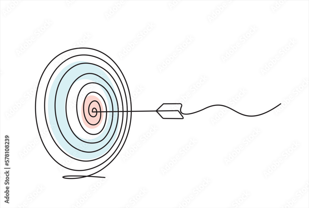 Poster continuous one line drawing of arrow on target circle.target bullseye or arrow on target. the busine