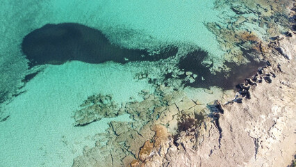 aerial view natural paradise beach in the mediterranean, Calamillor, Majorca, Balearic Islands