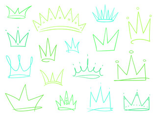 Set of abstract crowns on isolated white. Signs for design. Hand drawn simple objects. Line art. Colorful illustration. Sketchy elements for posters and flyers