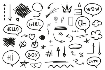 Infographic elements on isolated white background. Hand drawn simple signs and arrows. Set of different geometric shapes. Abstract indicators. Black and white illustration