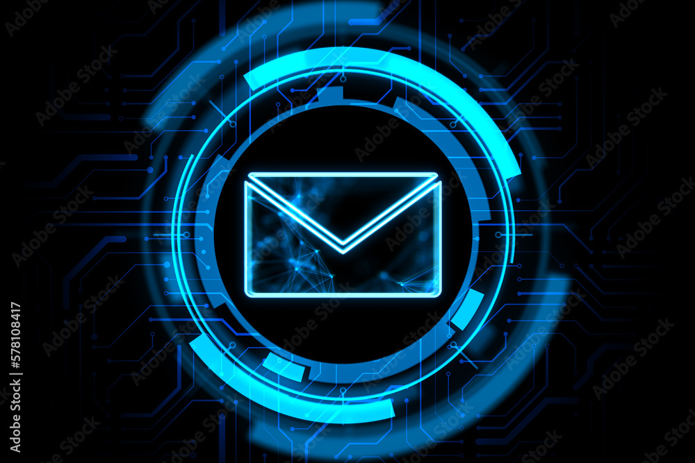 Poster Mail, letter and email concept with digital blue envelope symbol in microcircuit circle on abstract dark background. 3D rendering