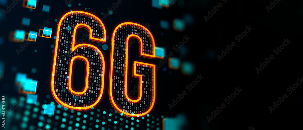 Aufkleber New generations network and fast speed mobile internet concept with digital 6g symbol covered by binary code on blank dark background with place for your advertising poster. 3D rendering, mockup