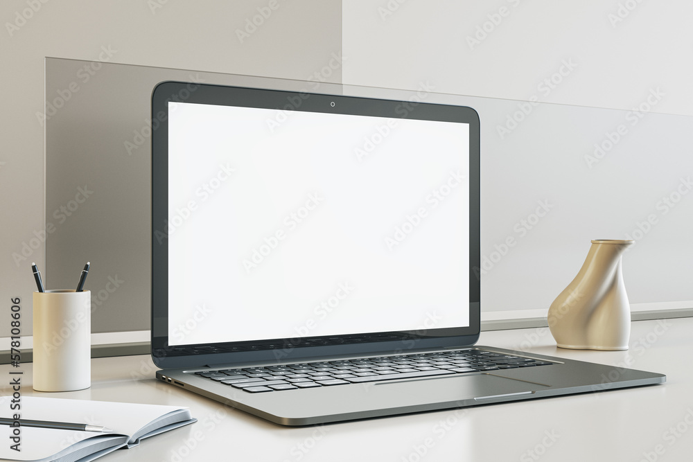 Aufkleber Perspective view on blank white modern laptop monitor screen with space for web design or web site on white glossy table among stand for pens and vase on light wall background. 3D rendering, mock up