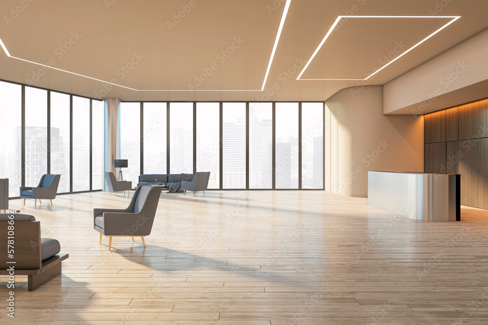 Poster side view on sunlit office reception area with stylish metallic desk, wooden floor, city view backgr