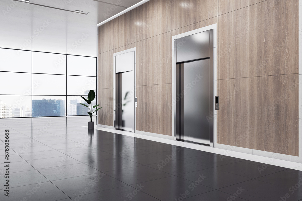 Poster Perspective view on closed elevators in spacious modern business center corridor hall with wooden walls, dark glossy floor and city view background from panoramic window. 3D rendering