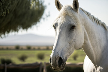 A white horse in a field with mountains in the background