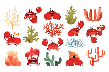 Funny smiling crab characters set. Cute crustacean creatures with big claws and seaweeds vector © topvectors