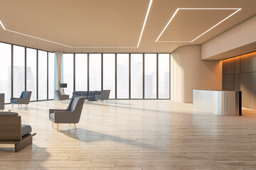 Side view on sunlit office reception area with stylish metallic desk, wooden floor, city view background from panoramic window and vintage armchairs. 3D rendering