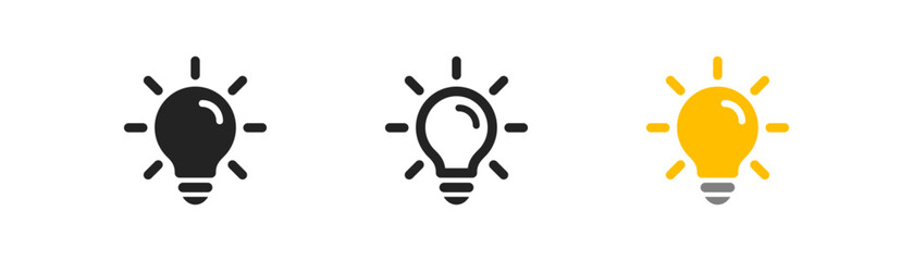 Lightbulb icon on light background. Idea symbol. Electric lamp, light, innovation, solution, creative thinking, electricity. Outline, flat and colored style. Flat design. Vector illustration.