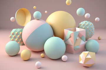 Geometric shapes spheres with gentle color. Pastel color 3d abstract background with geometrical shapes created with Generative AI technology