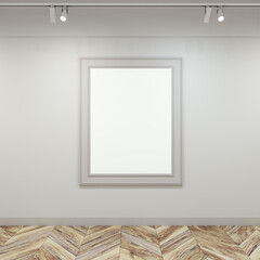 Modern gallery interior with empty white mock up poster frame on concrete wall and wooden parquet flooring. 3D Rendering.