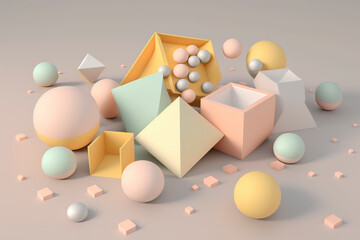 Obraz na płótnie Canvas Geometric shapes spheres .cubes and cylinders with gentle color. Pastel color 3d abstract background with geometrical shapes created with Generative AI technology