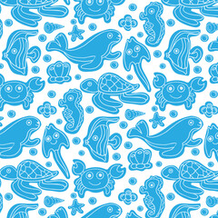 Obraz premium Vector seamless pattern. Sea, sea animals and fish. Ideal for textile, paper and souvenir products.