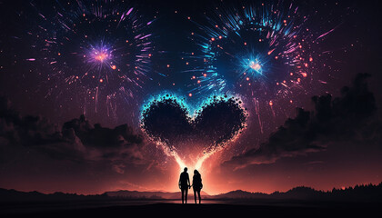 couple in love silhouettes on the background of fireworks in the shape of a heart .Generative AI