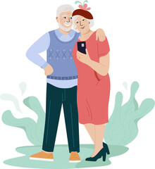 Elderly couple taking selfie. Cheerful grandparents having summer vacation together. Flat vector cartoon illustration of an elderly woman using smartphone to take self-portrait for partners.