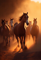 A herd of horses runs in the rays of sunset. AI generated