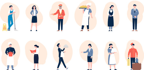 Flat hospitality workers, hotel restaurant team. People wear uniform, baker and waiter, cleaners and porter. Service staff recent vector characters