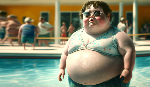 The cool fat kid with sunglasses at the pool party.  Image created with generative ai not a real person.