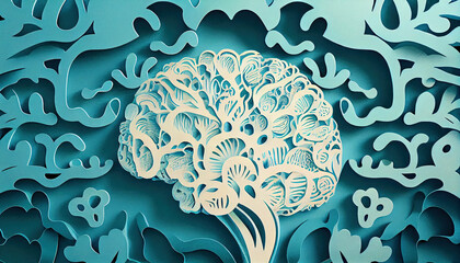 Depressed blue brain, papercut, Generative AI